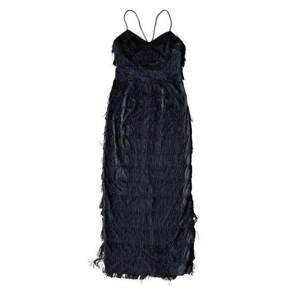 Vintage Inspired Black Fringe Maxi evening Gown With Rhinestone Straps - Picture 5 of 12